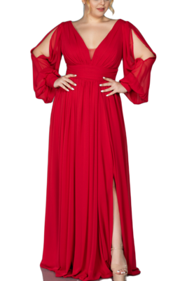 Plus Size Ball Gown, Chiffon Mother of the Bride &amp; Wedding Guest Dress, V-Neck, Slit Skirt, Long Sleeve, A-line Prom Gown, 14-26 US