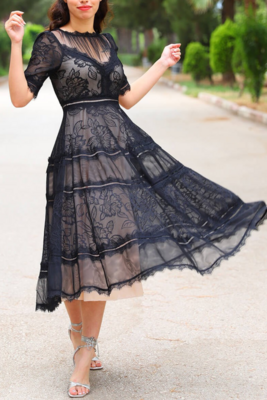 Black Lace Cocktail Dress, Vintage Style Midi Mother of the Bride or Wedding Guest Dresses, , Barbie Party Outfit, Short Wedding Dress, 4-12 US