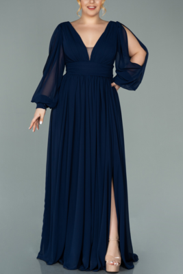 Plus Size Ball Gown, Chiffon Mother of the Bride &amp; Wedding Guest Dress, V-Neck, Slit Skirt, Long Sleeve, A-line Prom Gown, 14-26 US