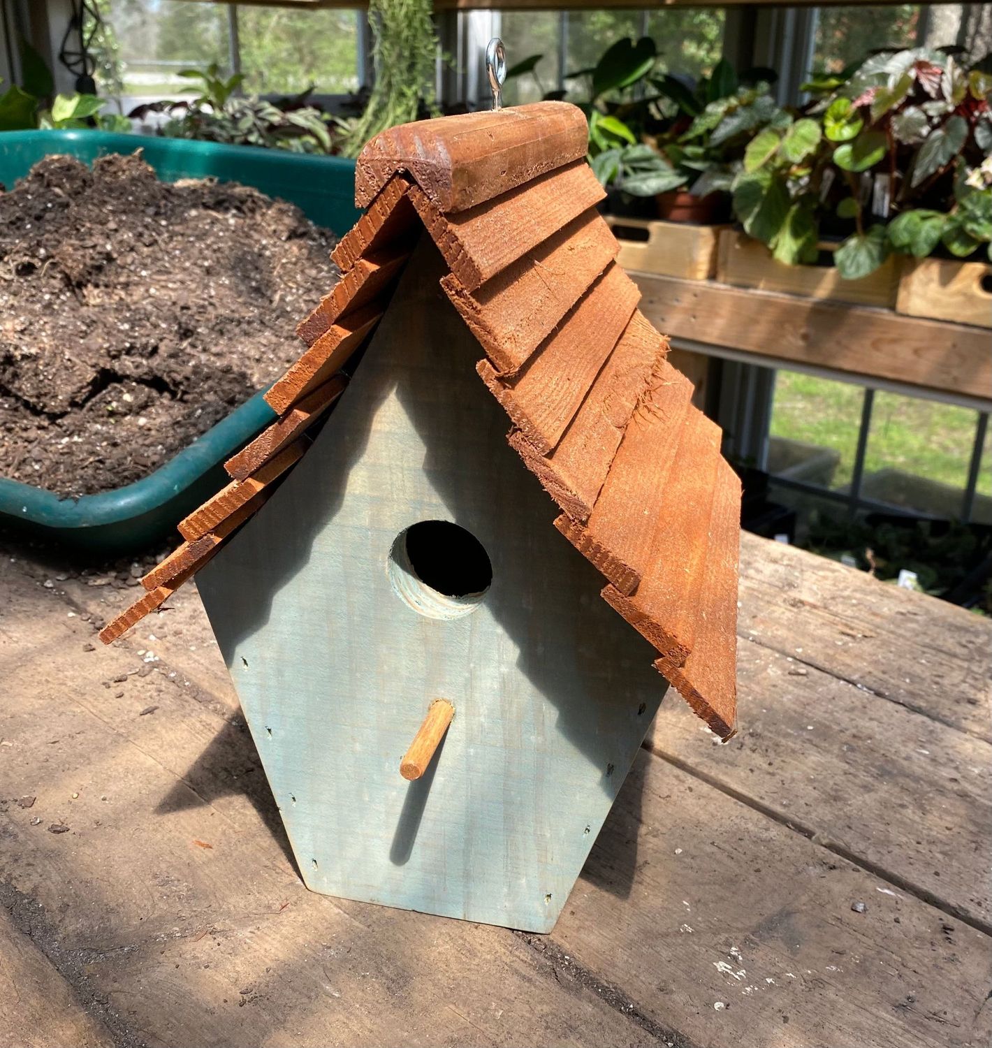 Blue Spruce Birdhouse Handmade Outdoor Milk Paint Stained Roof
