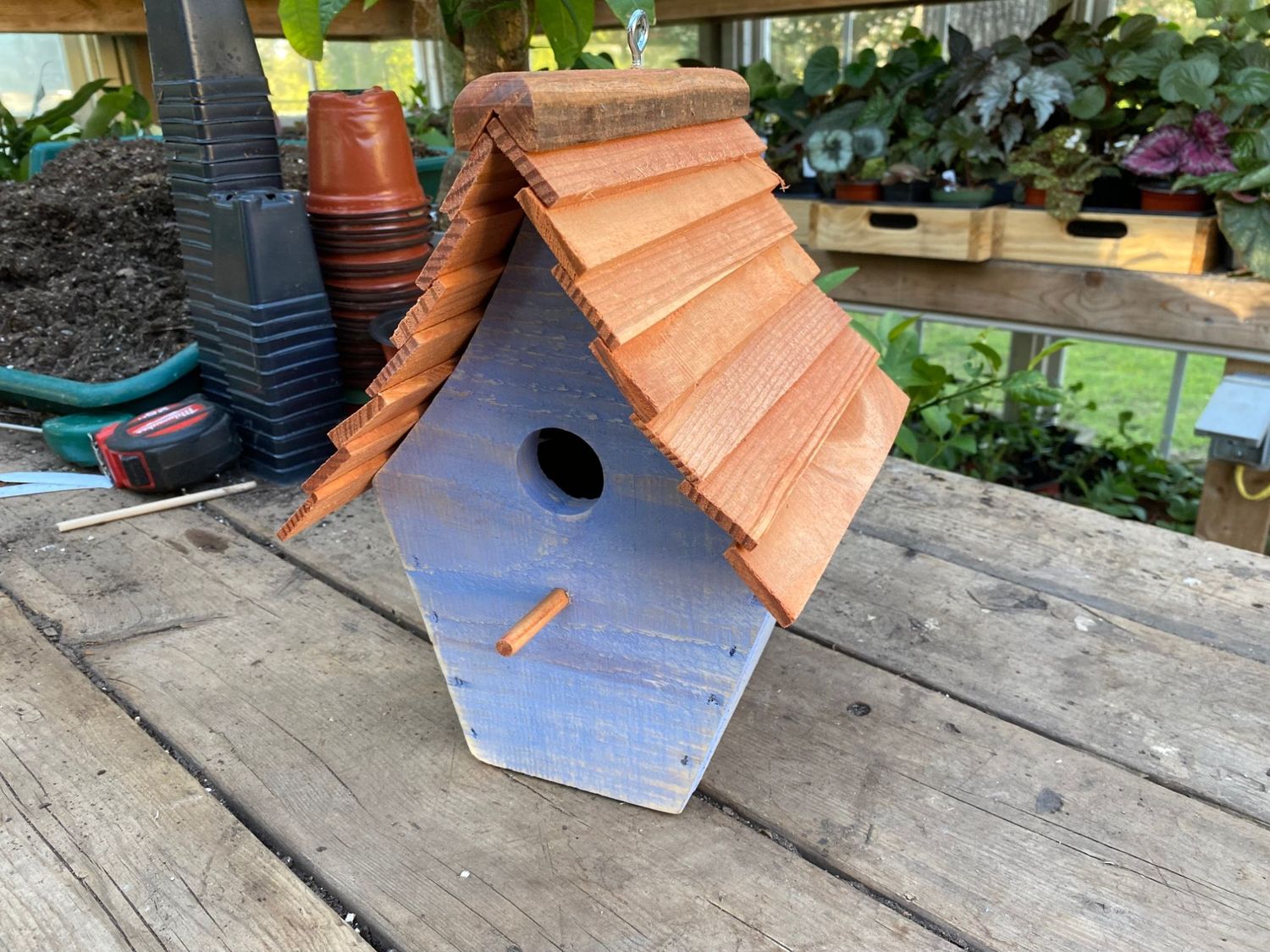 Cornflower Blue Birdhouse Handmade for Outdoor Use - Milk Paint and Stained Roof