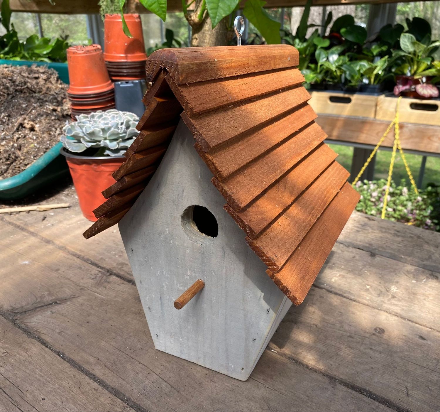 Dove Gray Birdhouse Handmade for Outdoor Use Milk Paint Stained Roof
