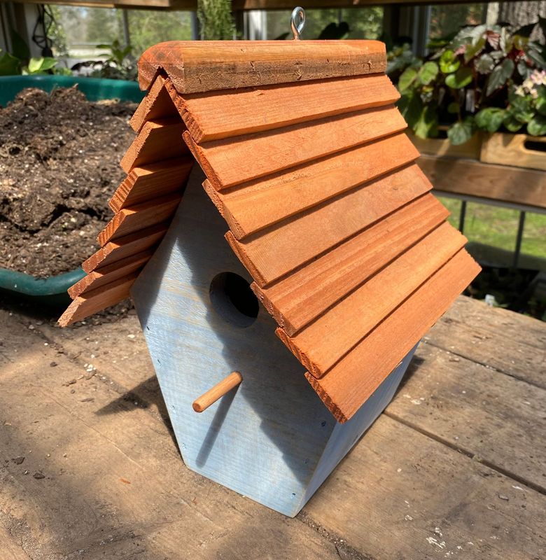 Skimmed Blue Birdhouse Handmade Outdoor Use - Milk Paint Stained Roof