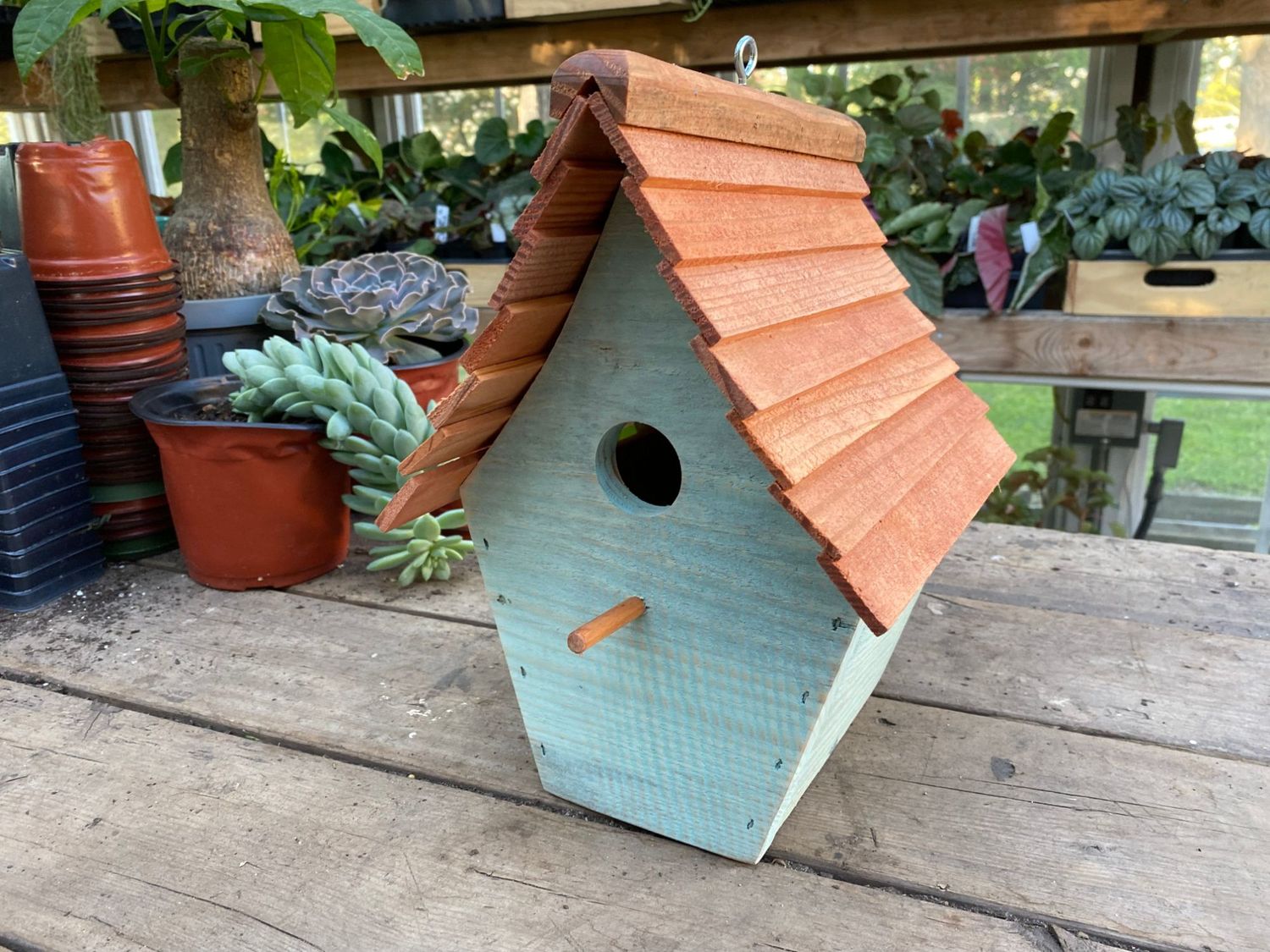 Robin Egg Blue Birdhouse Handmade Outdoor Use - Milk Paint Stained Roof