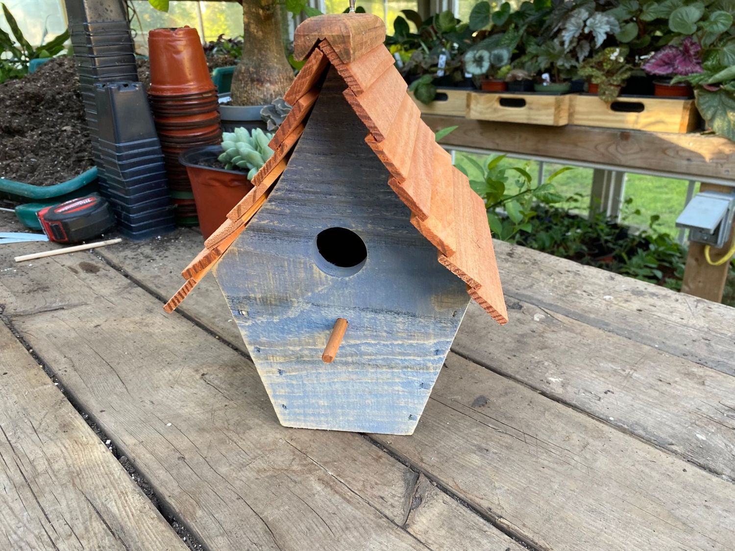 Soldier Blue Birdhouse Handmade for Outdoor Use - Milk Paint and Stained Roof