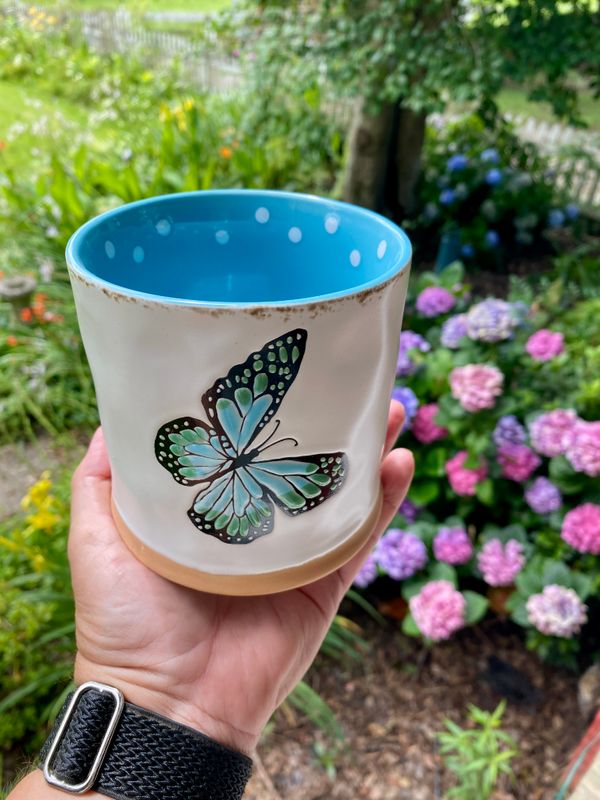 Bright Whimsical Butterfly Ceramic Planter Pot 4&quot; in Blue