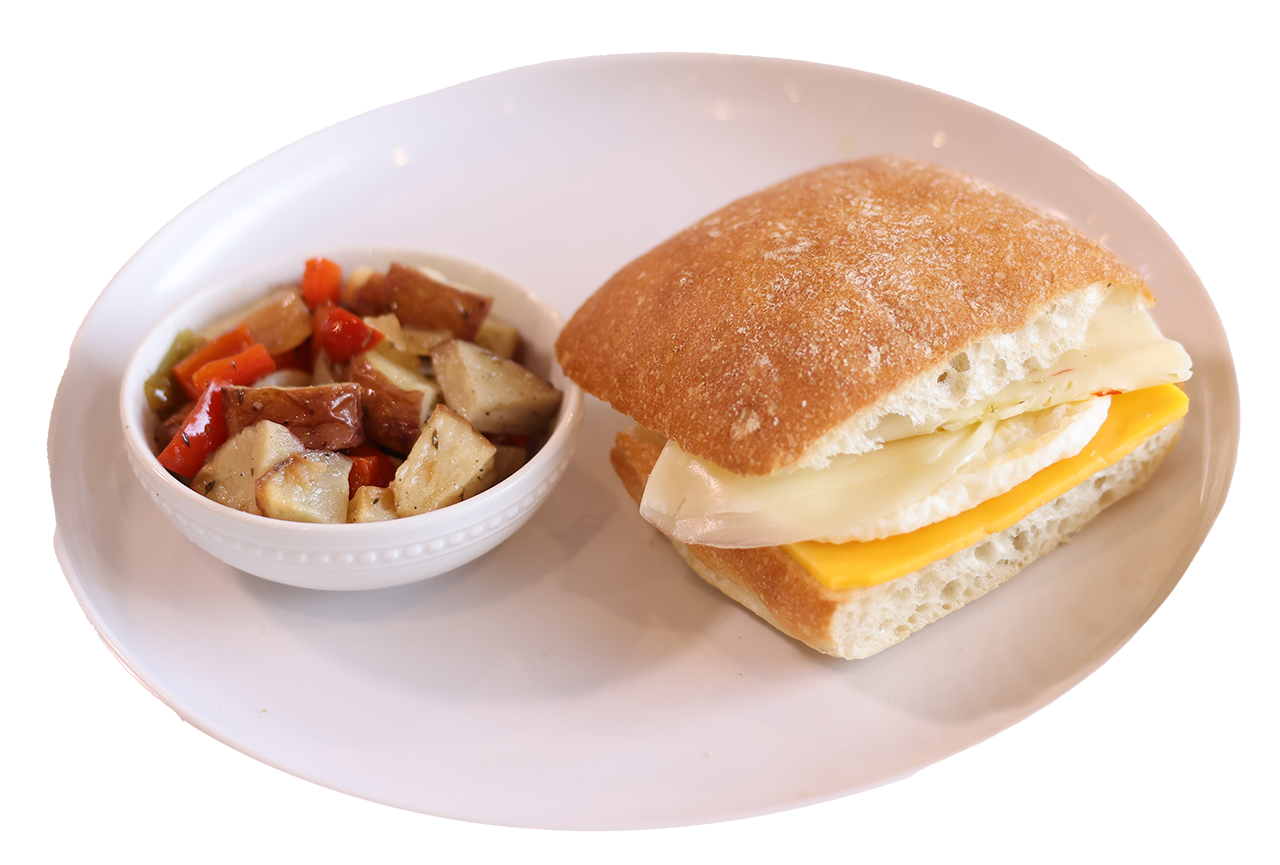 Three Cheese Egg Ciabatta w/ Breakfast Potatoes, Peppers & Onions Three Cheese Egg Ciabatta w/ Breakfast Potatoes, Peppers & Onions