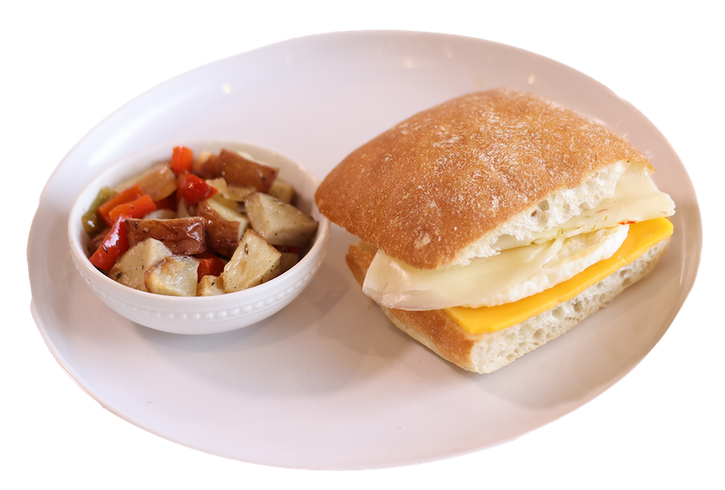 Three Cheese Egg Ciabatta w/ Breakfast Potatoes, Peppers & Onions
