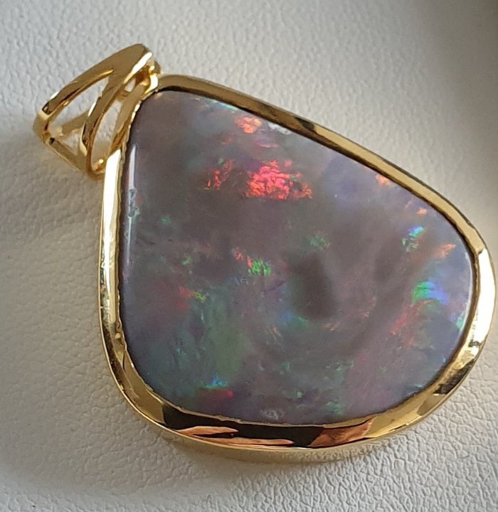 P3  Solid Opal Dark Base Pendant Freeform Shape Set in 9ct Gold