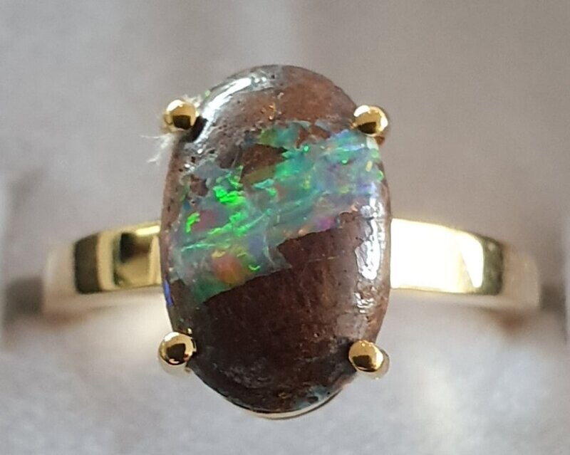R15  Queensland Boulder Opal Ring, Featuring Brilliant Colour Bar on Cabochon Ironstone