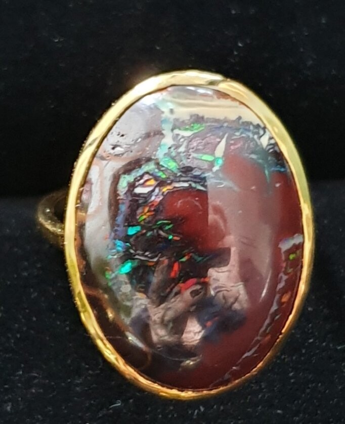 R20  Queensland Boulder Opal Ring Set in 9ct Yellow Gold, Brilliant Reds, Greens, Blues From the Host Ironstone, Cabochon Cut