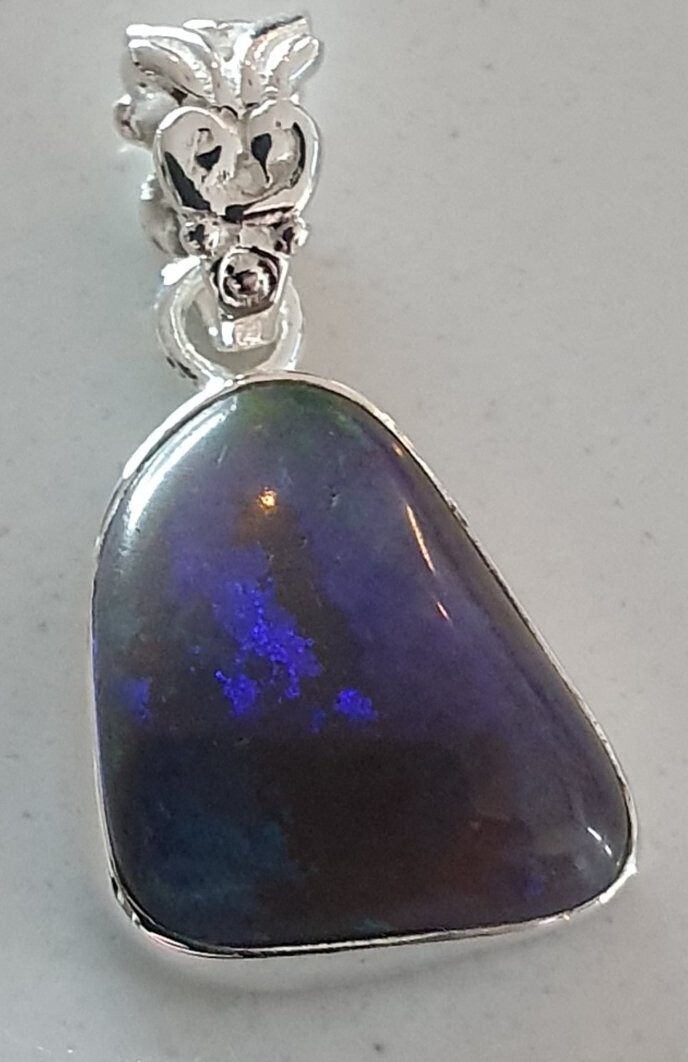 P28  Lightning Ridge Solid Black Opal Pendant Set in Sterling Silver, 15 X 17mm With Rolling Green & Purple Flashes From Black Background