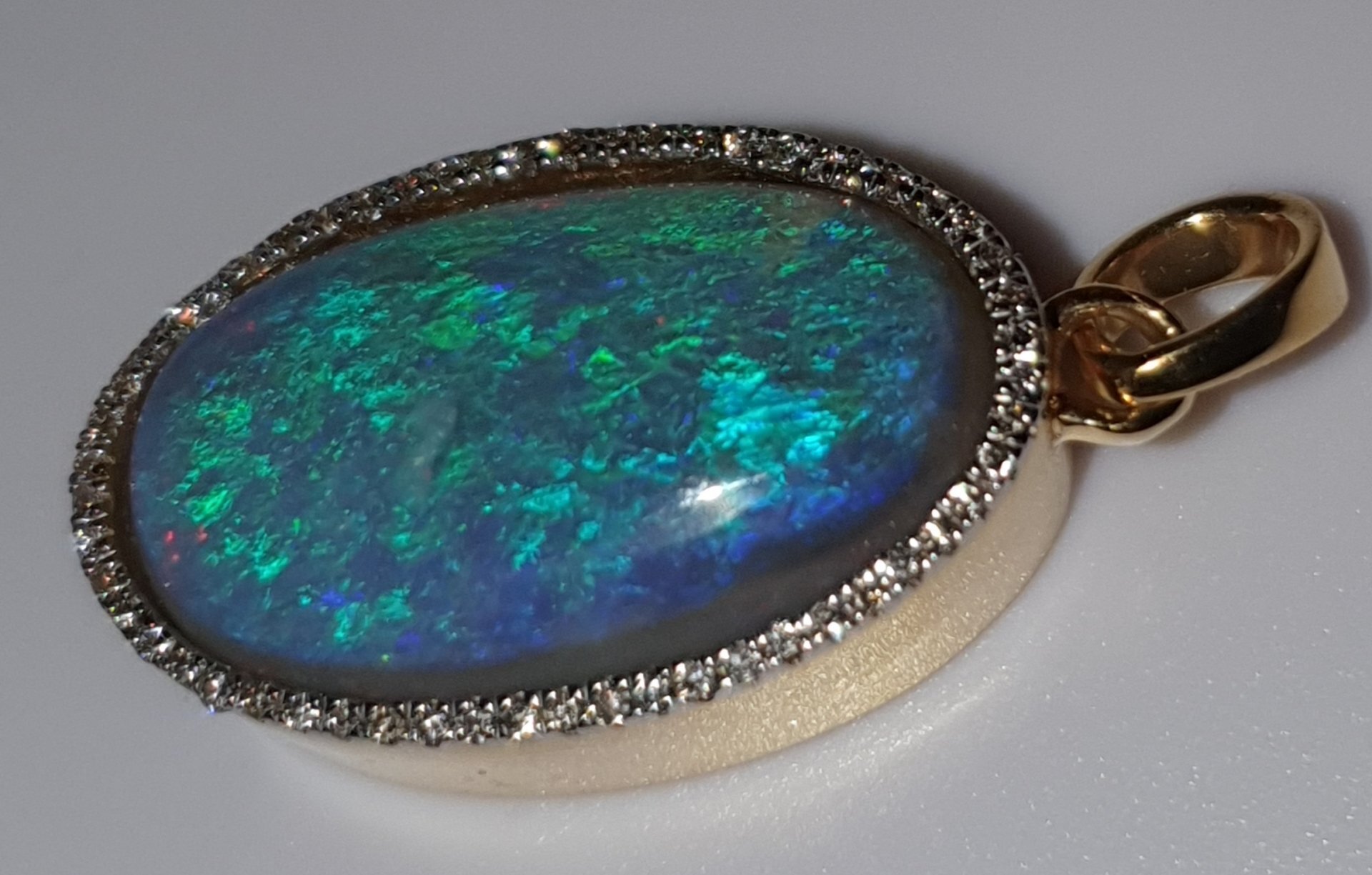 P1  Lightning Ridge Black Opal Pendant With Diamond Surround