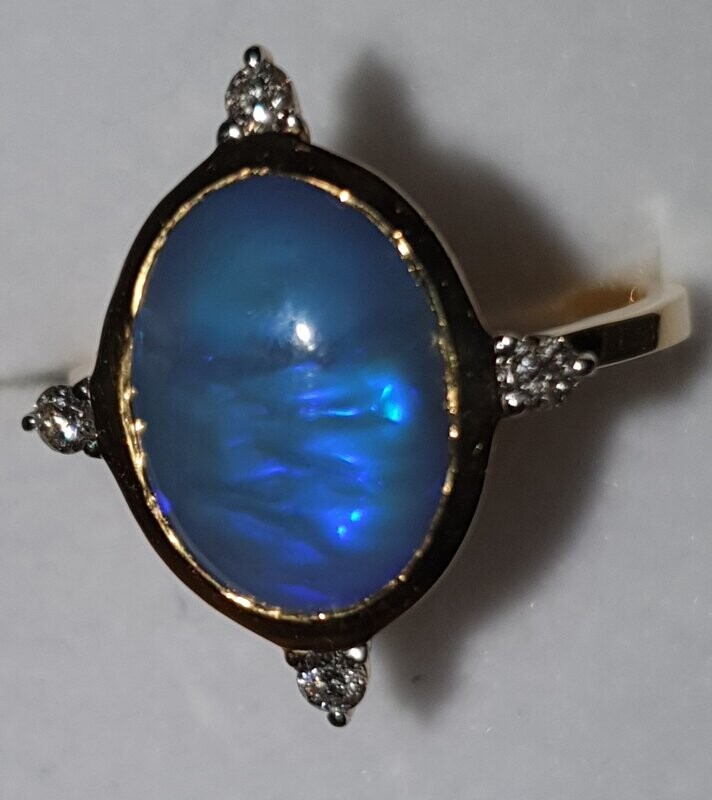 R14 Opal & Diamond Dress Ring, Featuring Oval Cut Solid Black Opal Cabochon Set With 4 Brilliant Cut Diamonds Claw Set on 9ct Yellow Gold