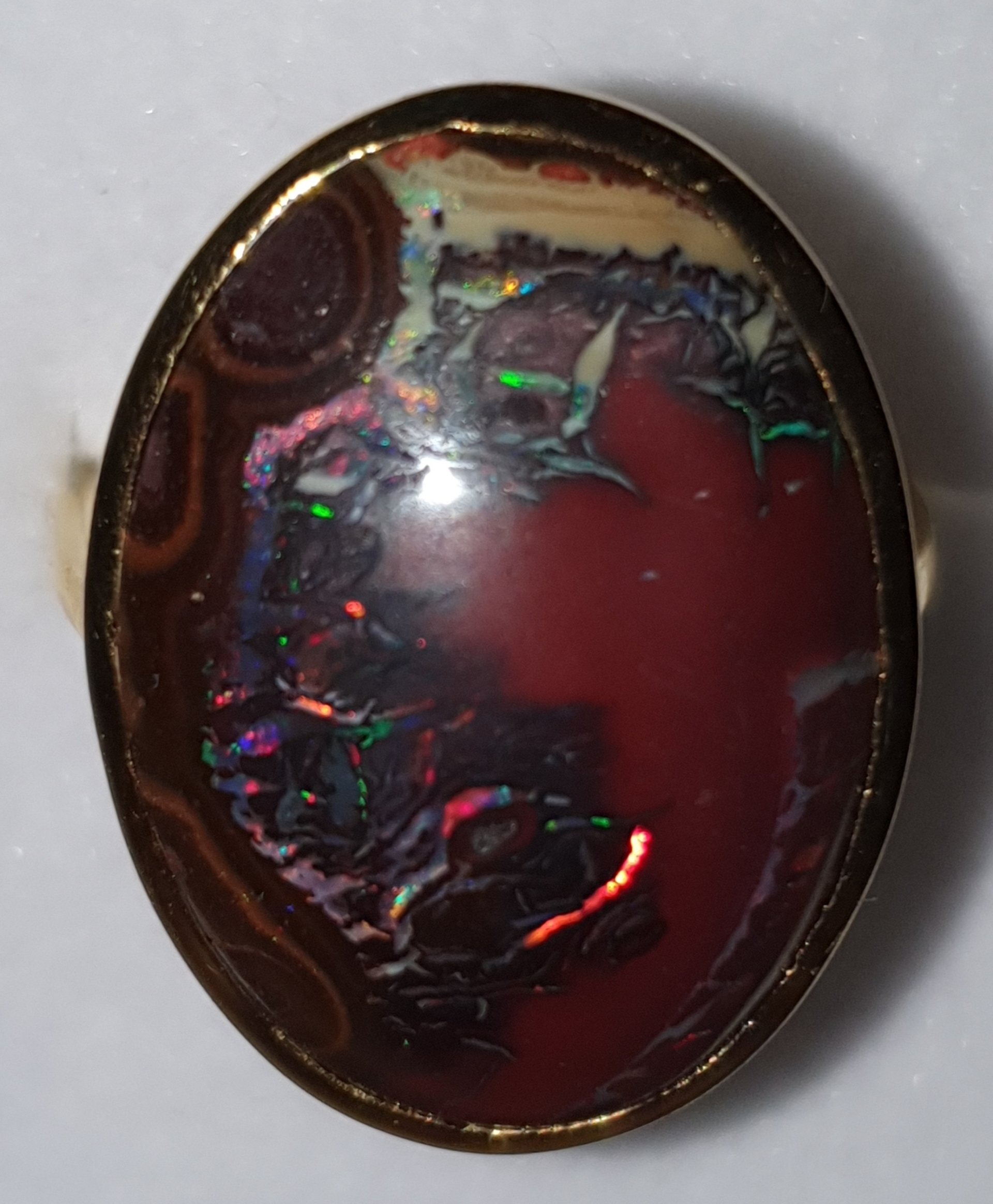 R20  Queensland Boulder Opal Ring Set in 9ct Yellow Gold, Brilliant Reds, Greens, Blues From the Host Ironstone, Cabochon Cut