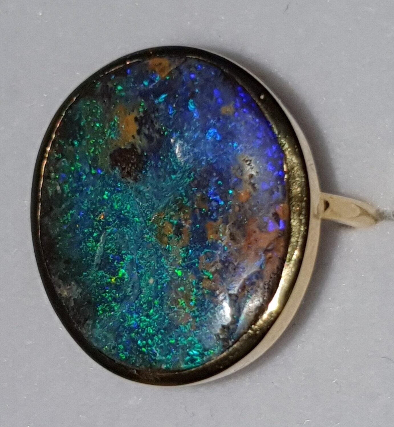 R17  Queensland Boulder Opal Dress Ring Featuring Blue & Purple Colours on Ironstone, Set in 9ct Yellow Gold With a Natural Finish