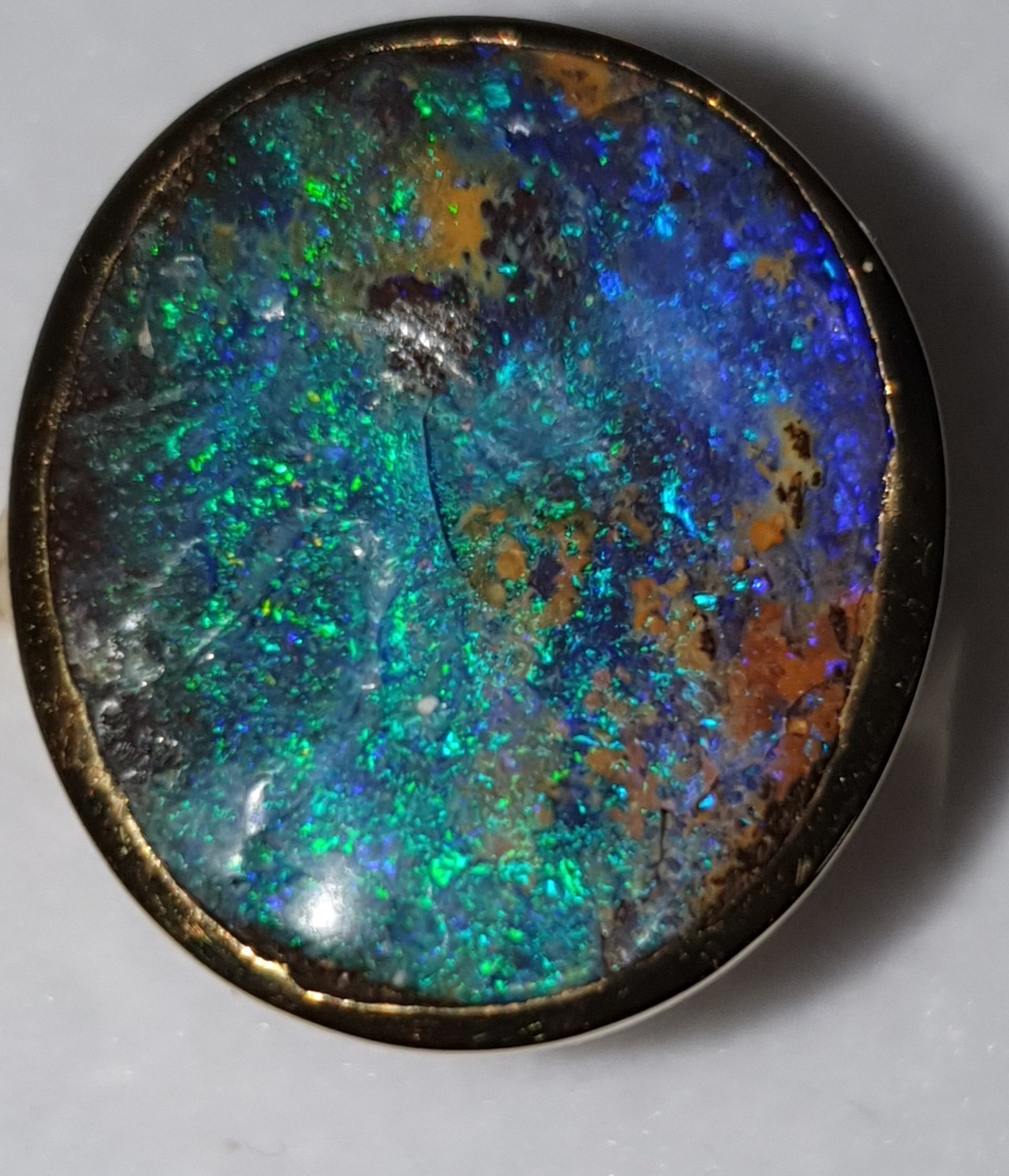 R17  Queensland Boulder Opal Dress Ring Featuring Blue & Purple Colours on Ironstone, Set in 9ct Yellow Gold With a Natural Finish