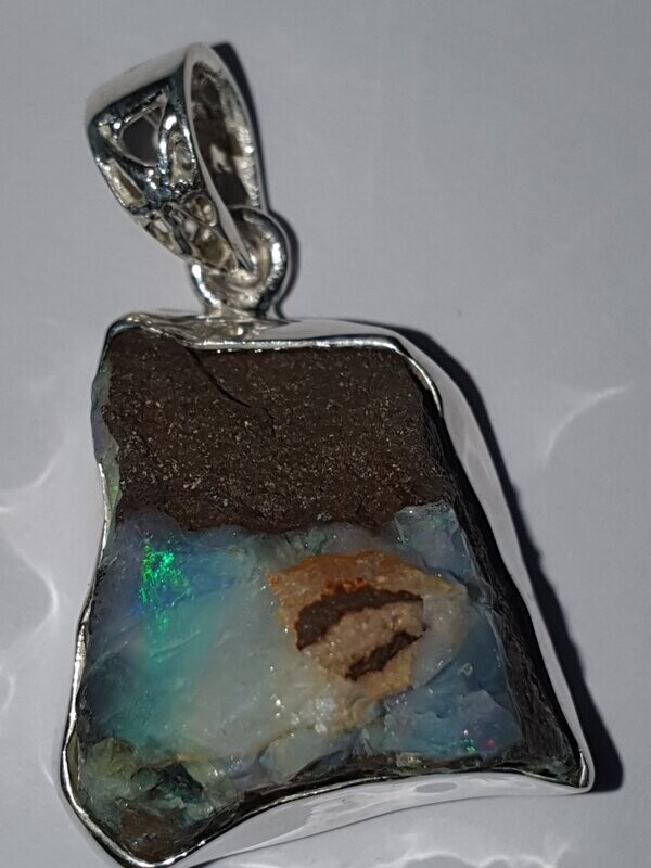P29  Queensland Boulder Opal Specimen Mounted as Pendant in Sterling Silver Surround, 20 X 20mm With Blue & Green Flashes on Ironstone Host