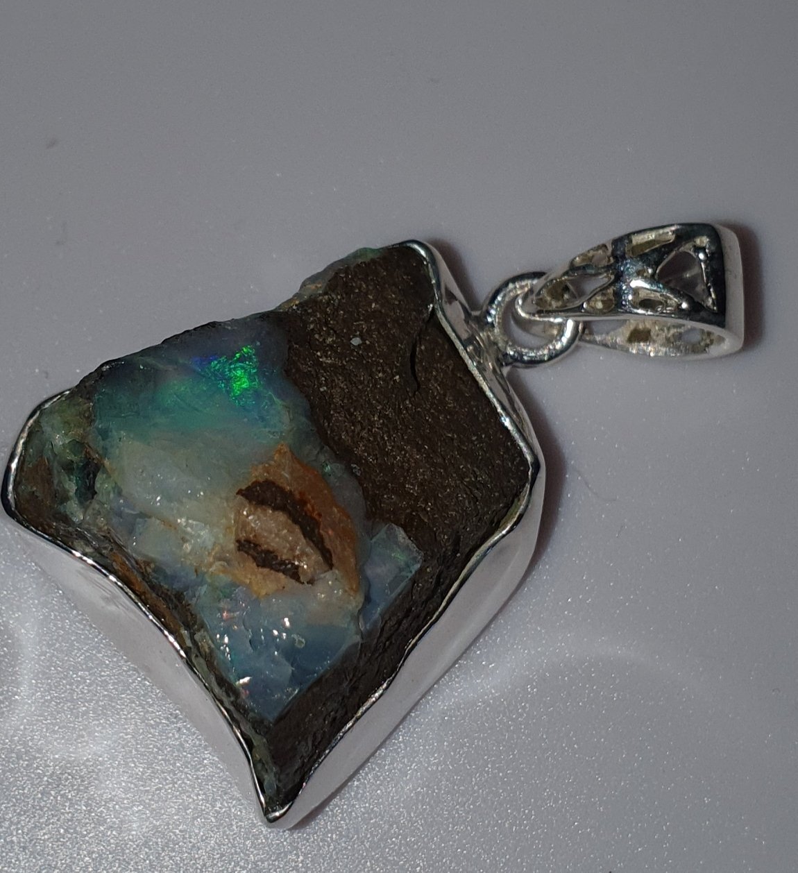 P29  Queensland Boulder Opal Specimen Mounted as Pendant in Sterling Silver Surround, 20 X 20mm With Blue & Green Flashes on Ironstone Host