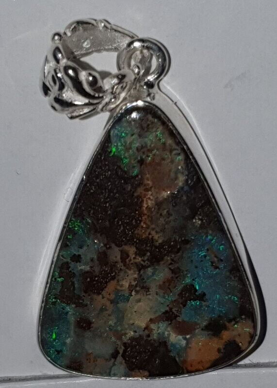 P26  Sterling Silver Set Boulder Opal Pendant, 20 X 27mm With Blue & Green Flash Sitting on Ironstone Host