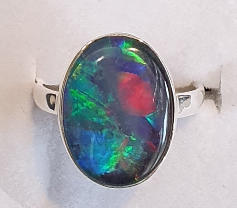 R22a  Sterling Silver Set Black Opal Triplet Ring, 13 x 17mm X  Across Face With Red, Green & blue Flash