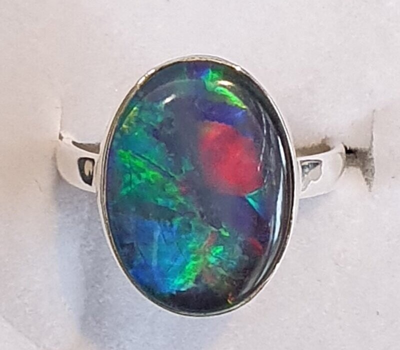 R22a  Sterling Silver Set Black Opal Triplet Ring, 13 x 17mm X  Across Face With Red, Green & blue Flash