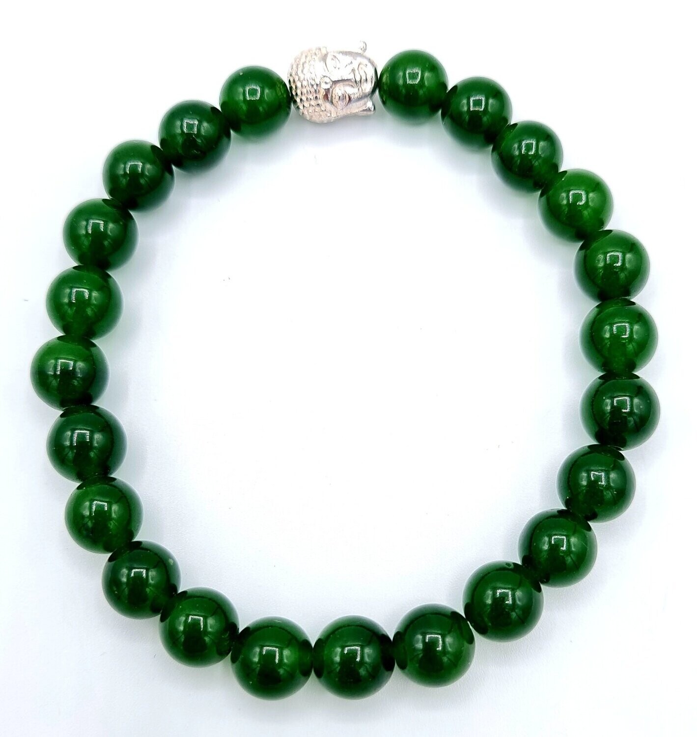 BRACELET JADE NEPHRITE DU CANADA PERLES DE 8 MM AVEC BOUDDA ARGENT 925