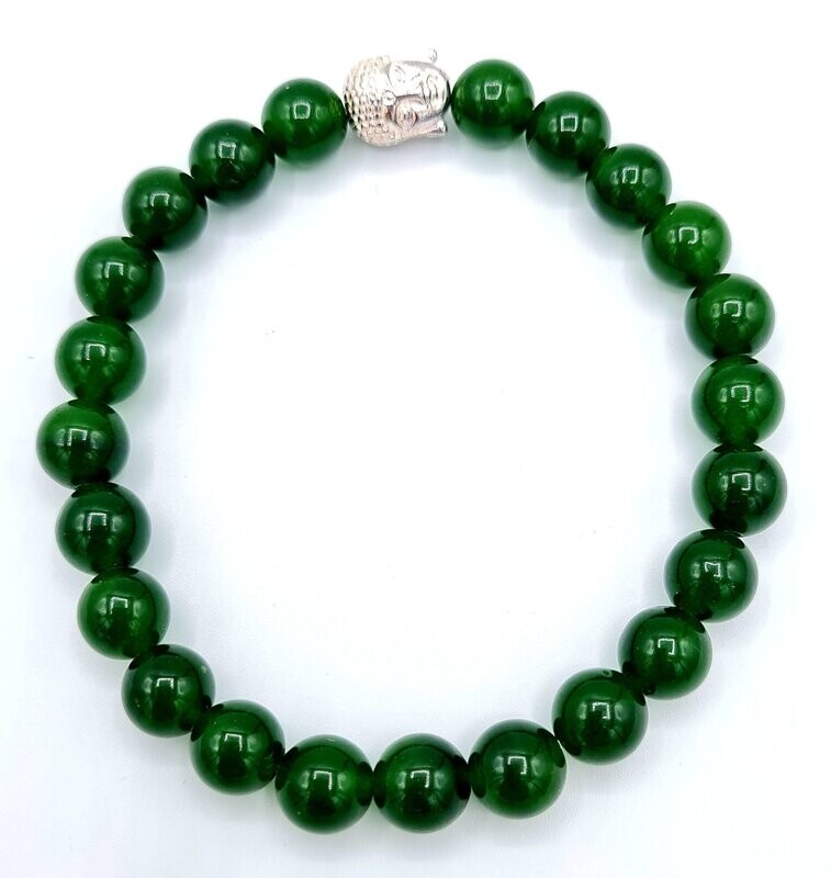 BRACELET JADE NEPHRITE DU CANADA PERLES DE 8 MM AVEC BOUDDA ARGENT 925