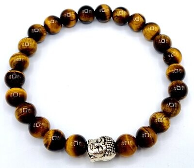 Bracelet création Oeil de Tigre avec bouddha argent perles 8 mm