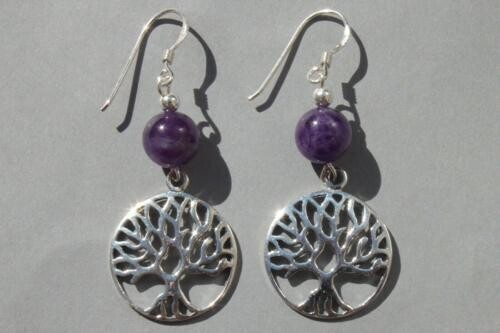 Boucles d'oreilles ARBRE DE VIE ARGENT ET PERLES NATURELLES AMETHYSTE C'est la pierre de la sérénité, de l'équilibre et de la tempérance