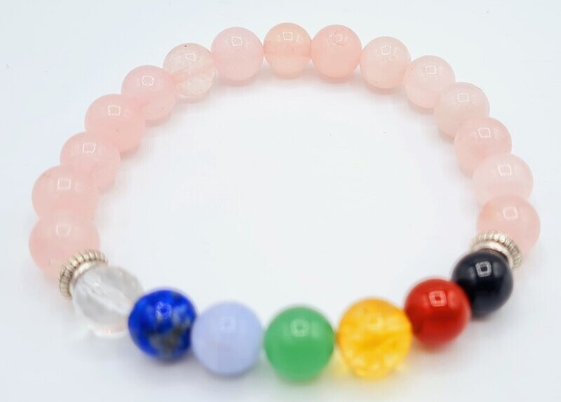 BRACELET 7 CHACKRAS QUARTZ ROSE ET 7 PIERRES
