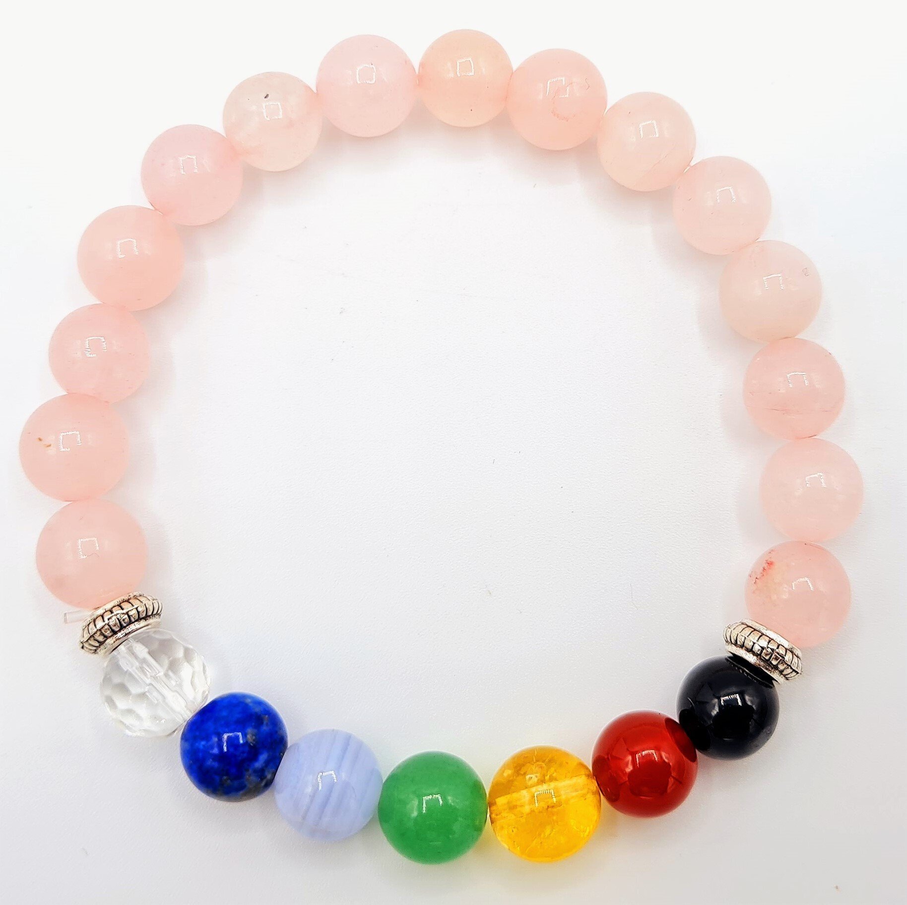 BRACELET 7 CHACKRAS QUARTZ ROSE ET 7 PIERRES