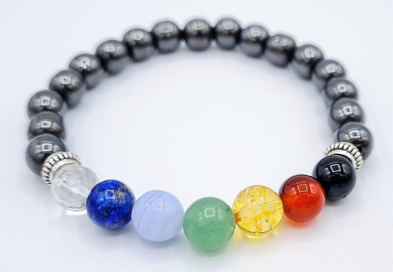 BRACELET 7 CHACKRAS HEMATITE et 7 PIERRES
réalisé à votre taille de poignet