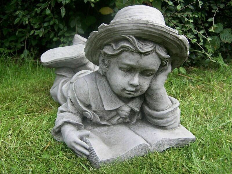Stone Effect Garden Ornaments, Outdoor Decor, Reading Little Boy and Reading Little Girl