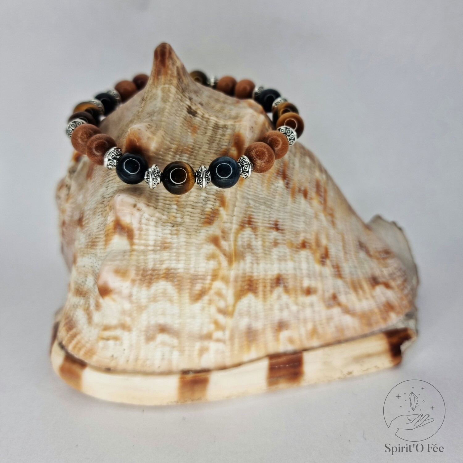 Bracelet 18cm oeil de tigre, oeil de faucon et bois de santal