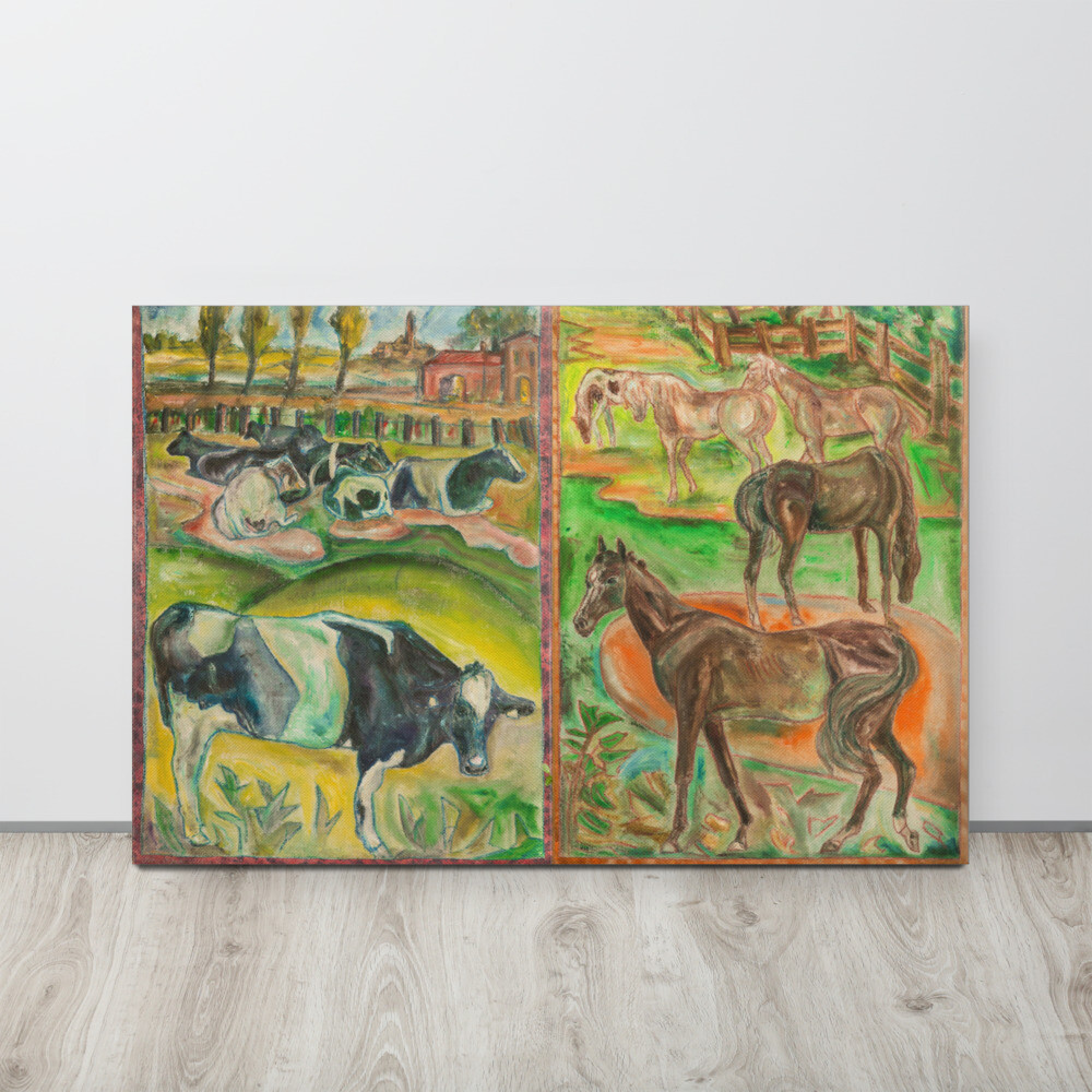 Leinwand Kühe Pferde