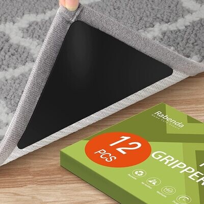 12 Pcs Rug Gripper, Non Slip Rug Grippers for Hardwood Floors and Tiles Floors, Reusable and Washable Rug Tape for Area Rugs and Carpets (Black)