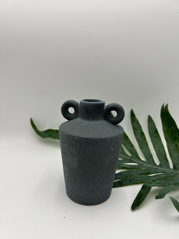DARK GREY VASE WITH HANDLE 6" H