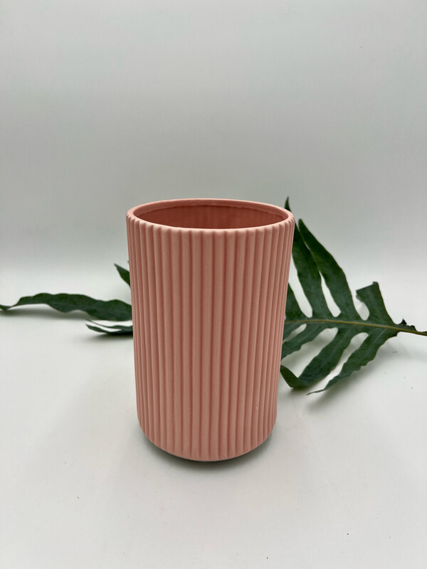PINK RIBBED CYLINDER VASE 7" H