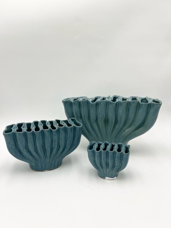 ACCORDIAN ORGANIC PLEATED VASE BLUE 12"