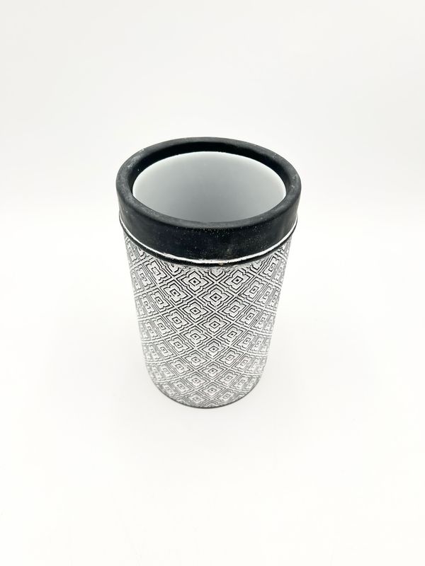 BLACK PATTERNED CYLINDRICAL POT W/ PLASTIC SLEEVE 4.5"