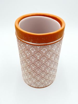 TERRACOTTA WASH PATTERNED CYLINDRICAL POT W/ PLASTIC SLEEVE 4.5"