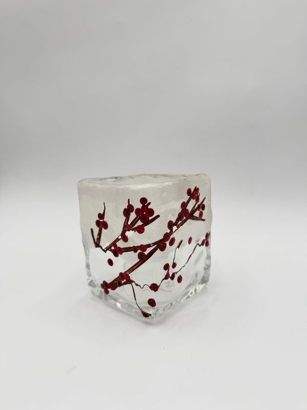 FROSTED CRANBERRY GLASS CUBE 4"