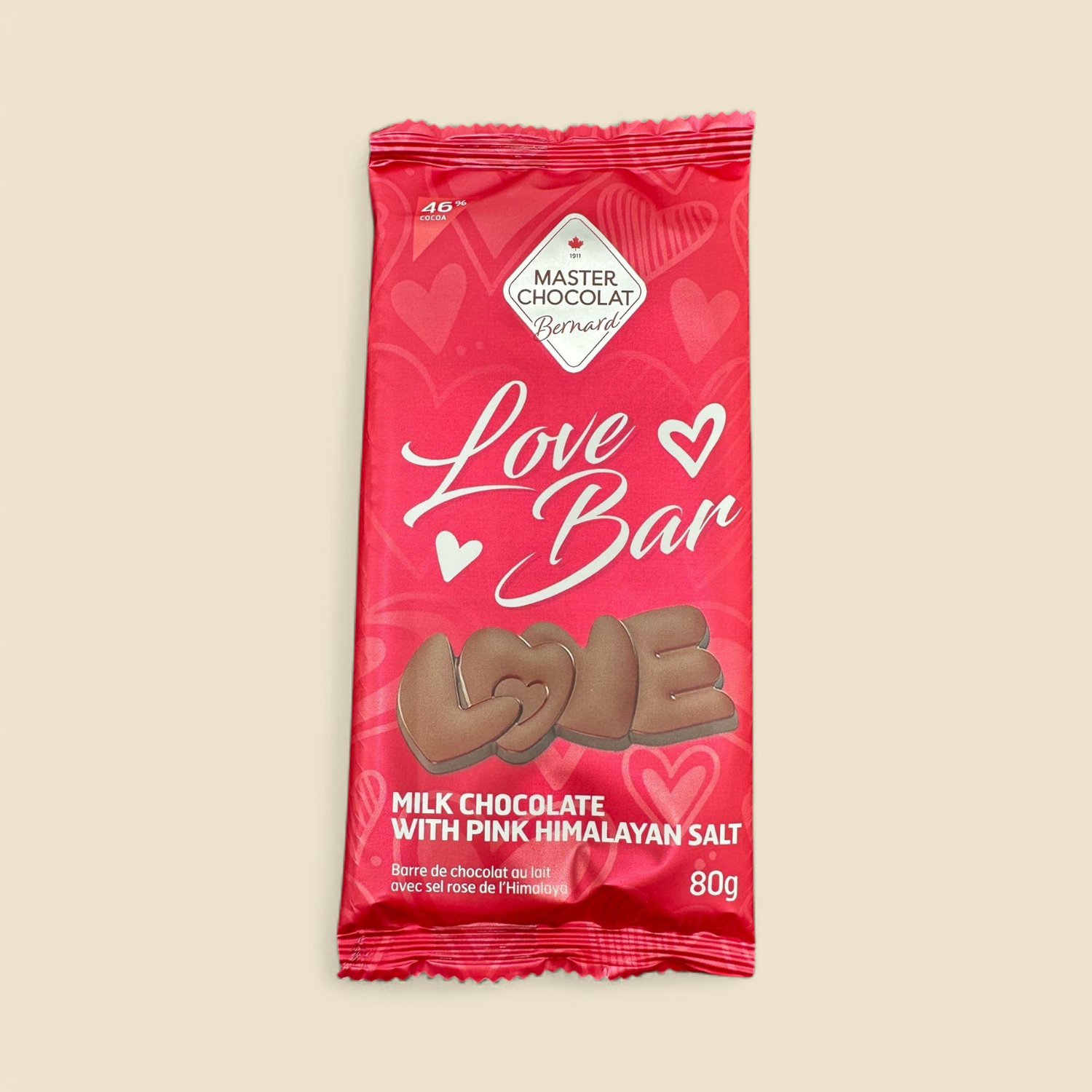 MILK CHOCOLATE PINK HIMALAYAN SALT LOVE BAR CREATED BY BERNARD 80G