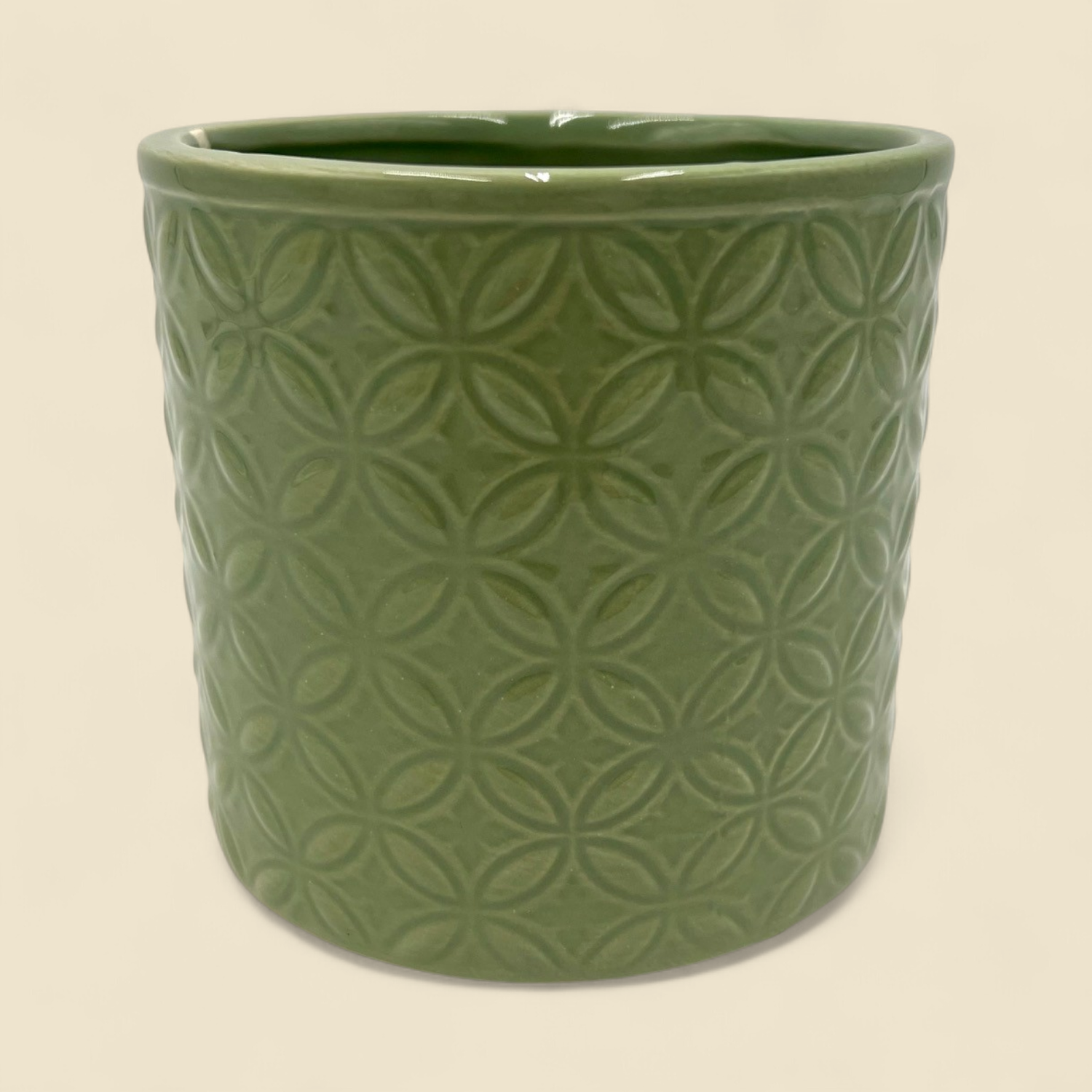 GREEN GLAZED PATTERNED POT 4"