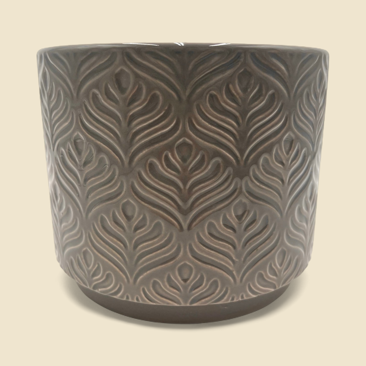 GREY GLAZED PEACOCK FEATHER POT 6"