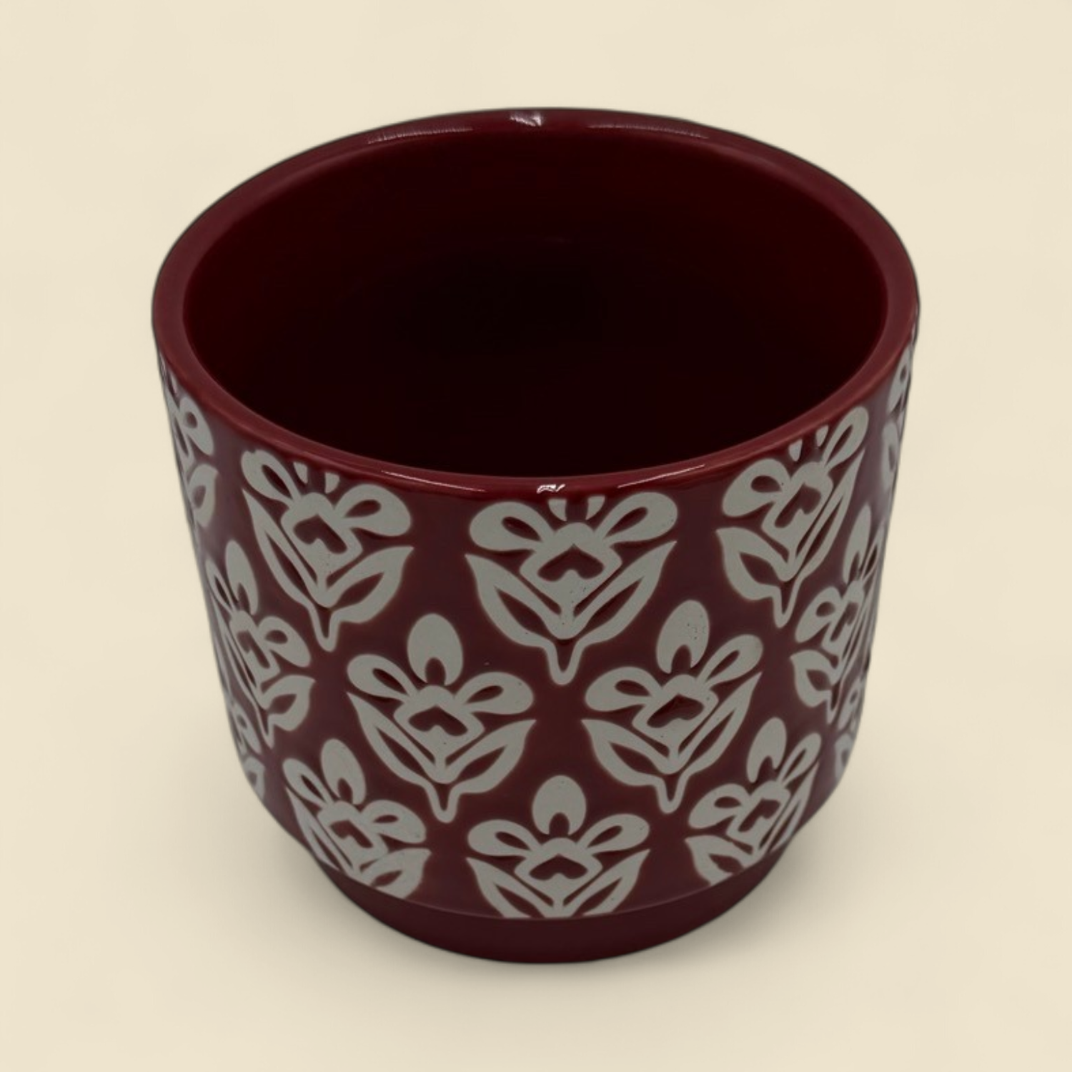 MAROON FLORAL EMBOSSED POT 4"