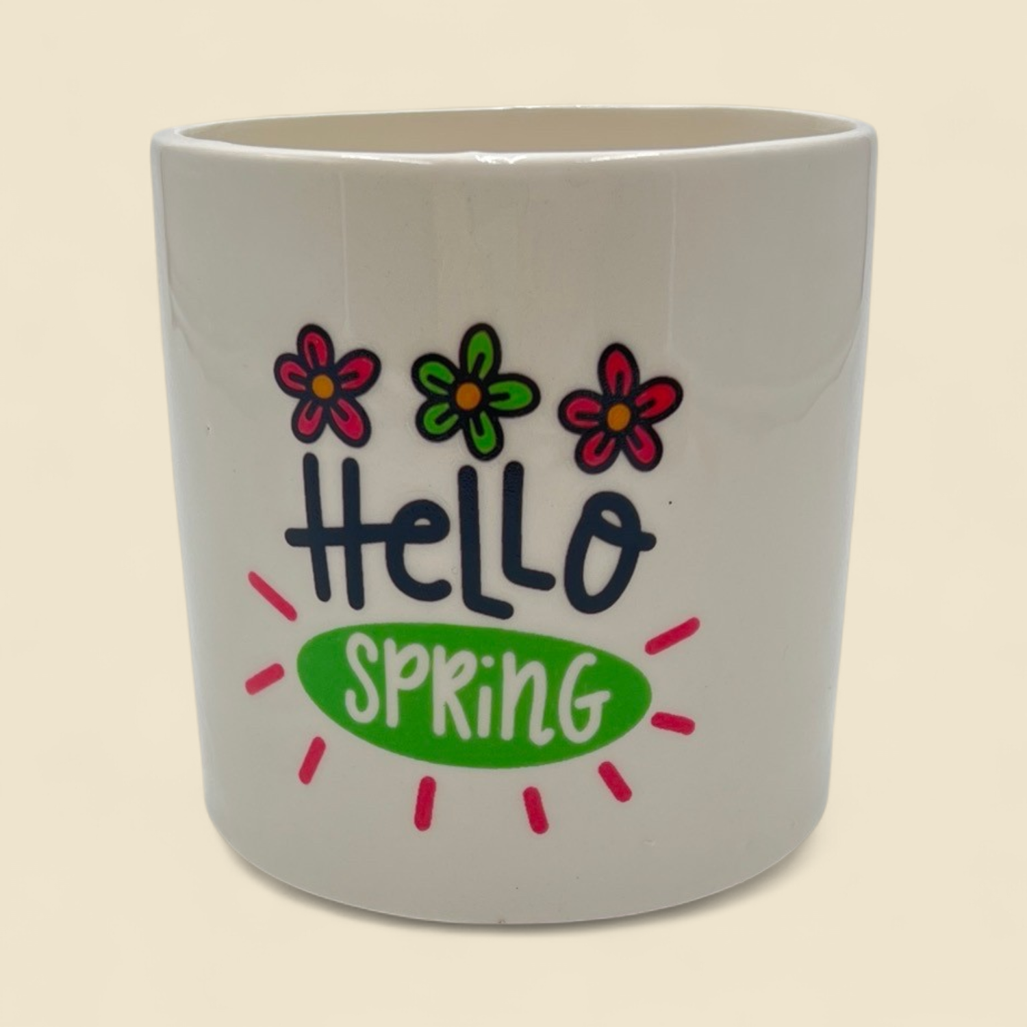 "HELLO SPRING" WHITE POT 4.25"