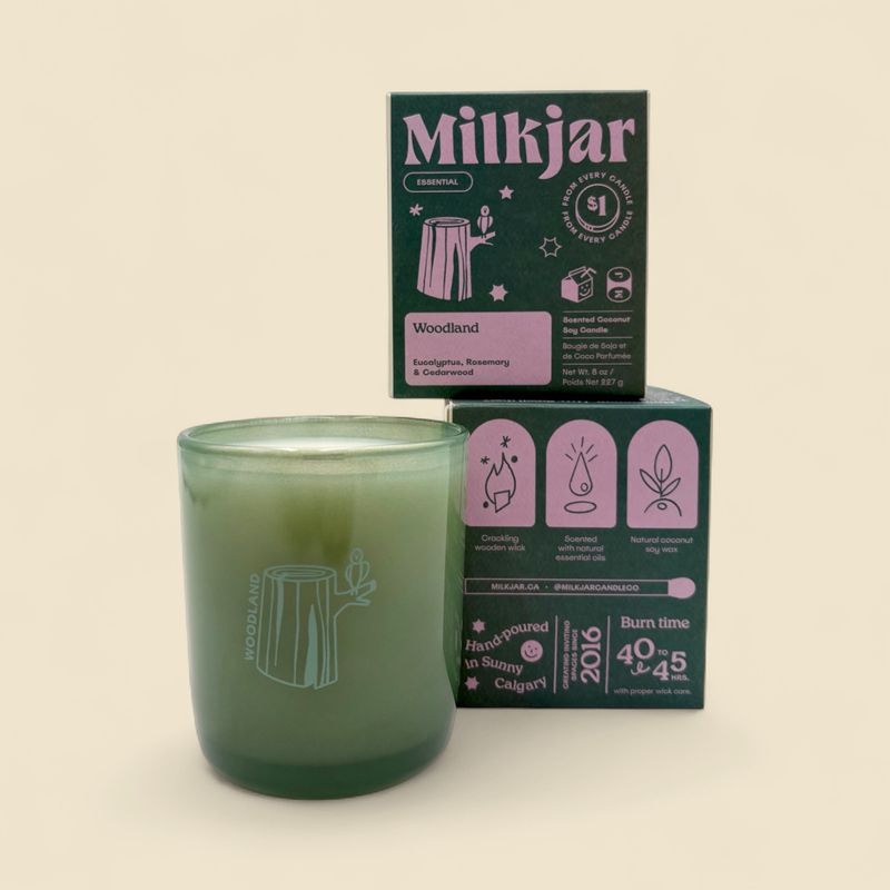 MILK JAR WOODLAND CANDLE 8OZ WOOD WICK