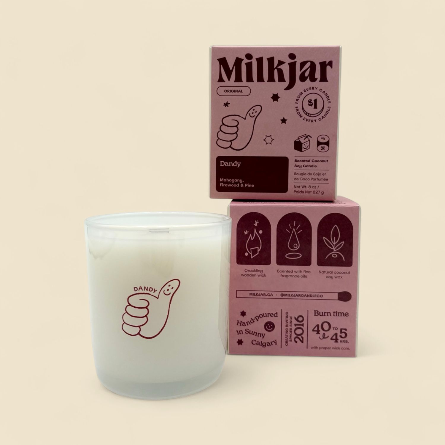 MILK JAR DANDY CANDLE 8OZ WOOD WICK